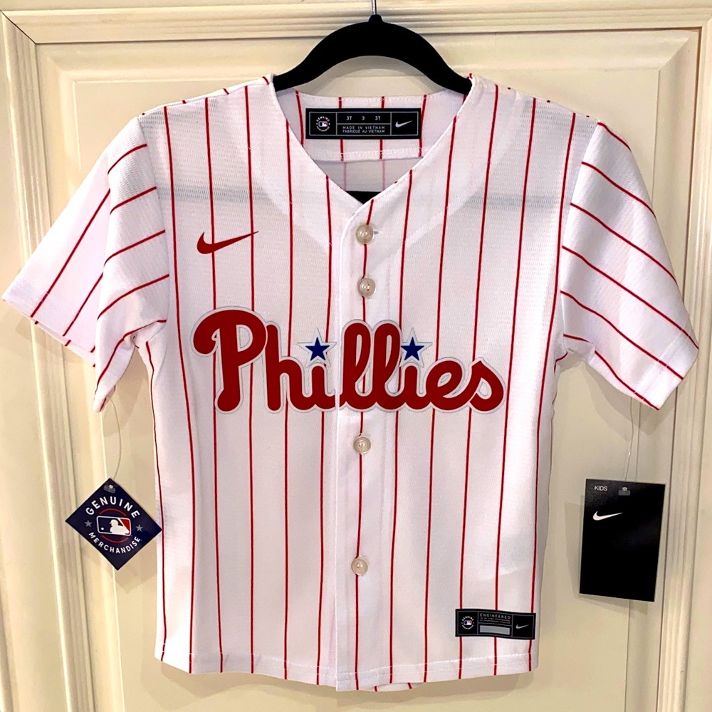 NIKE Philadelphia Phillies White & Red Pinstripe Home Blank Jersey in 3T